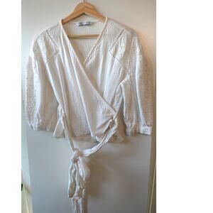 Zara Womens Top XS White Embroidered Wrap Shirt Crochet Boho Cotton Eyelet